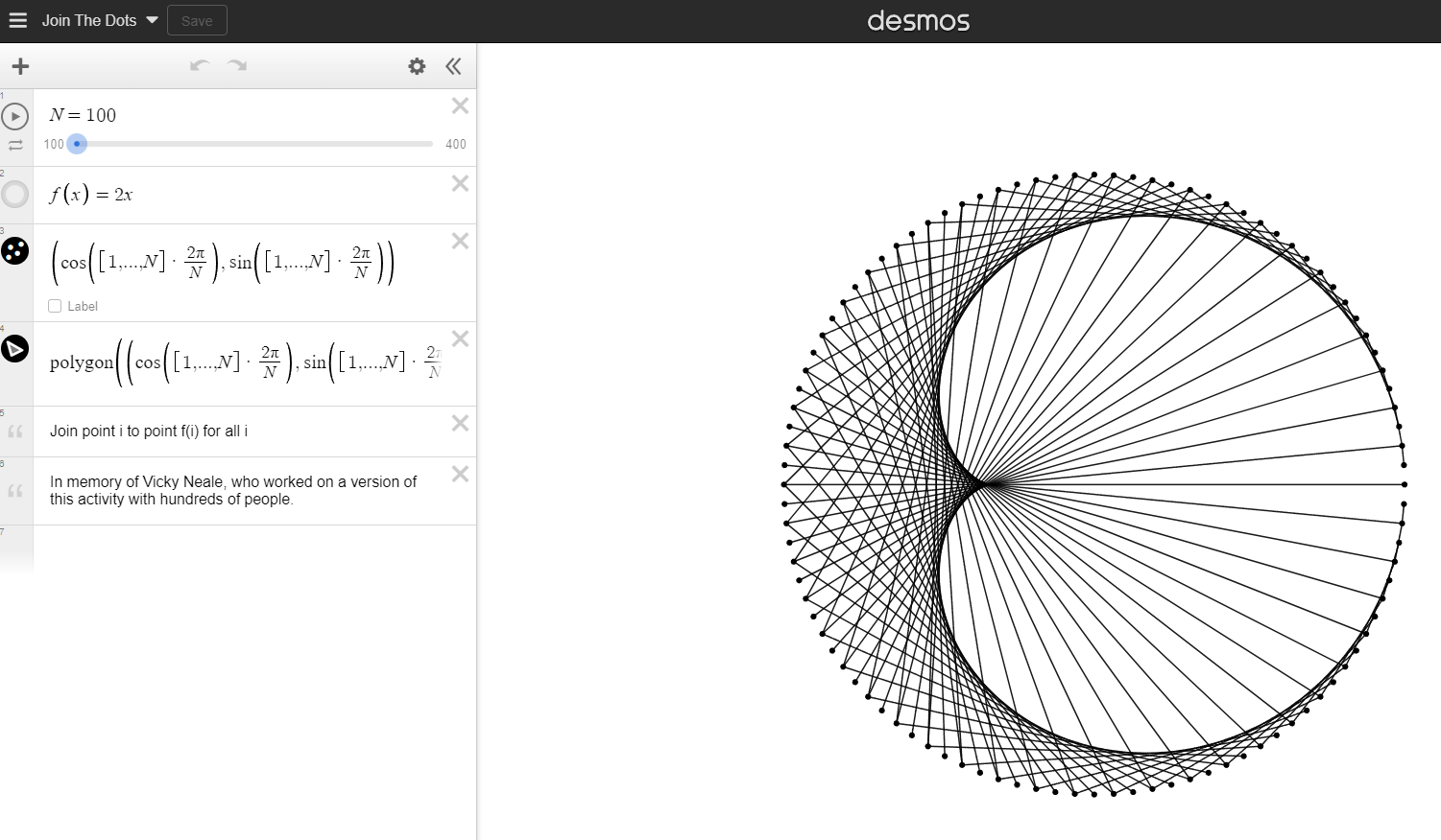 Screenshot of a Desmos activity showing a circle of dots, with each one connected to its double. The lines are all tangent to a heart-shaped curve inside the circle.