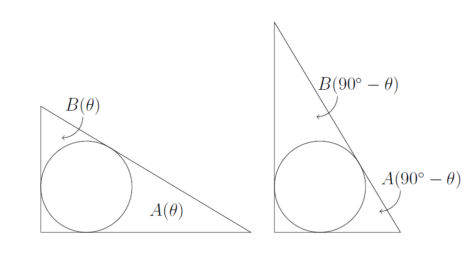 Left: the diagram from the question with A and B marked. Right: another picture of a slightly different triangle, with A(90-theta) and B(90-theta) marked Left: the diagram from the question with A and B marked. Right: another picture of a slightly different triangle, with A(90-theta) and B(90-theta) marked